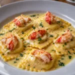 Plate of Creamy Lobster Ravioli in garlic butter sauce