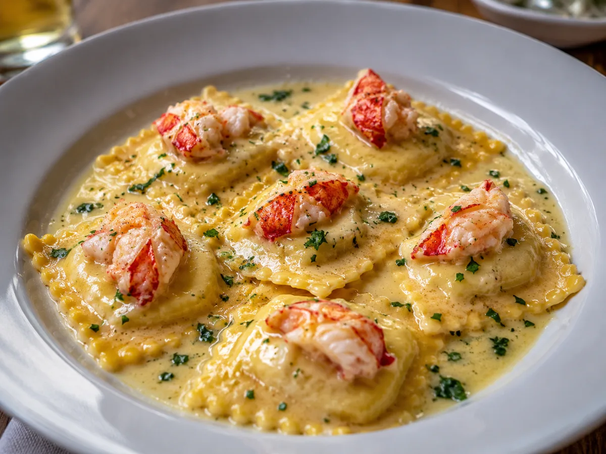 Plate of Creamy Lobster Ravioli in garlic butter sauce
