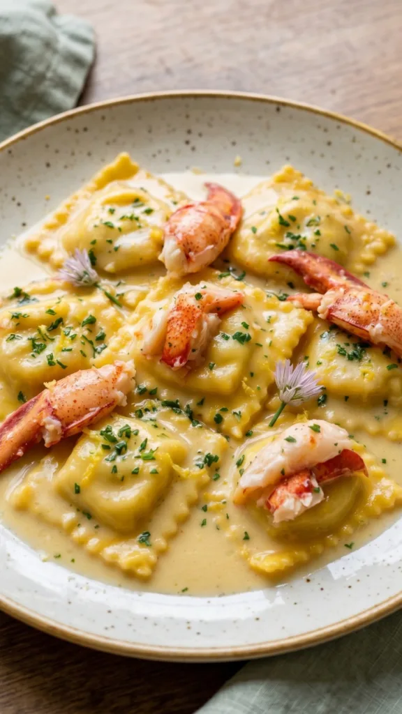 Close-up of lobster ravioli in creamy sauce