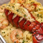 Creamy Lobster & Shrimp Alfredo plated in a bowl