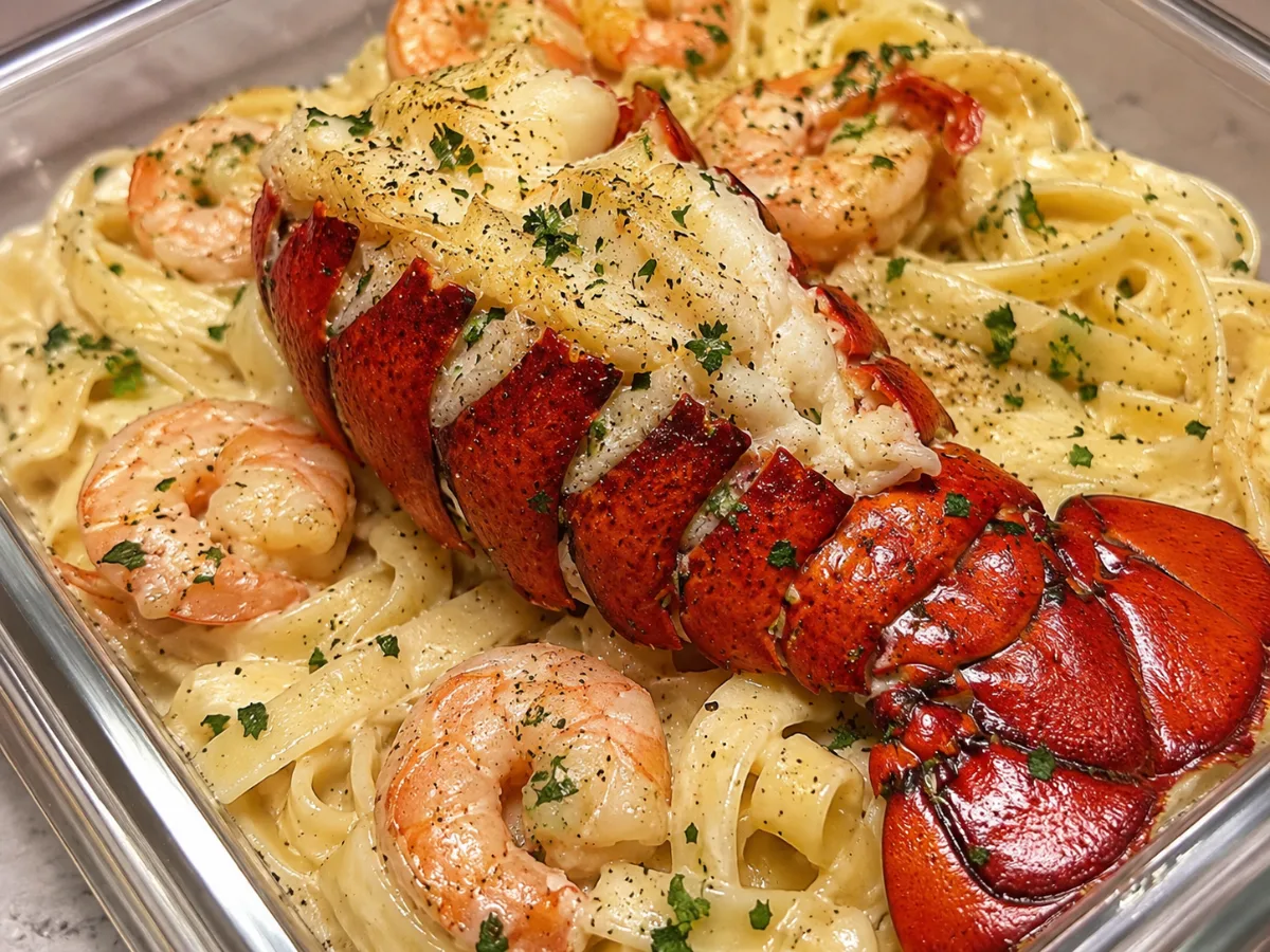 Creamy Lobster & Shrimp Alfredo plated in a bowl