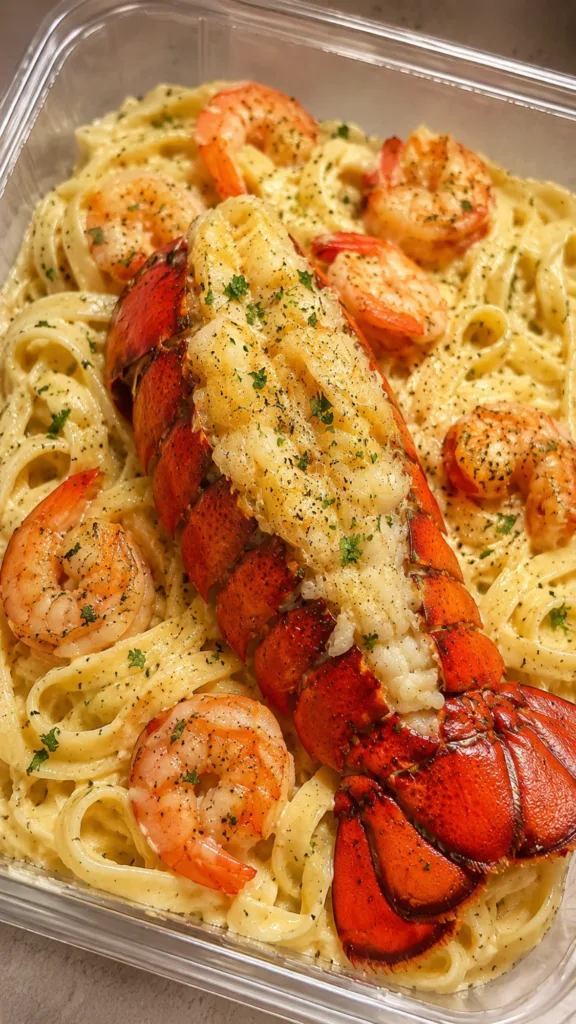 Close up of Creamy Lobster & Shrimp Alfredo