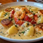 Creamy Seafood Chowder with Scallops and Lobster in a bowl