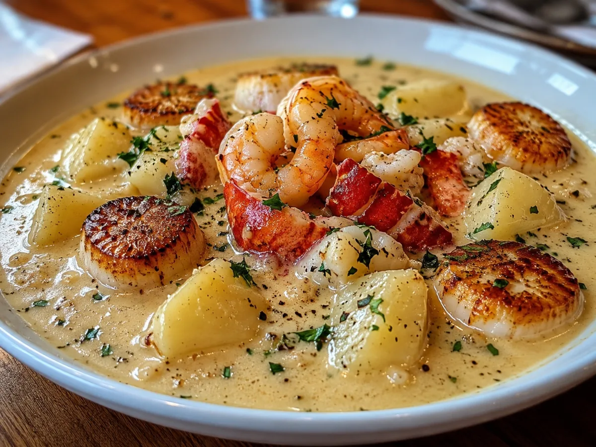 Creamy Seafood Chowder with Scallops and Lobster in a bowl