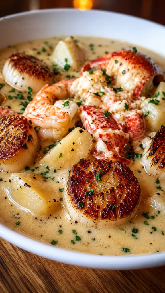 Creamy Seafood Chowder with Scallops & Lobster:Bowl of creamy chowder with lobster chunks and scallops