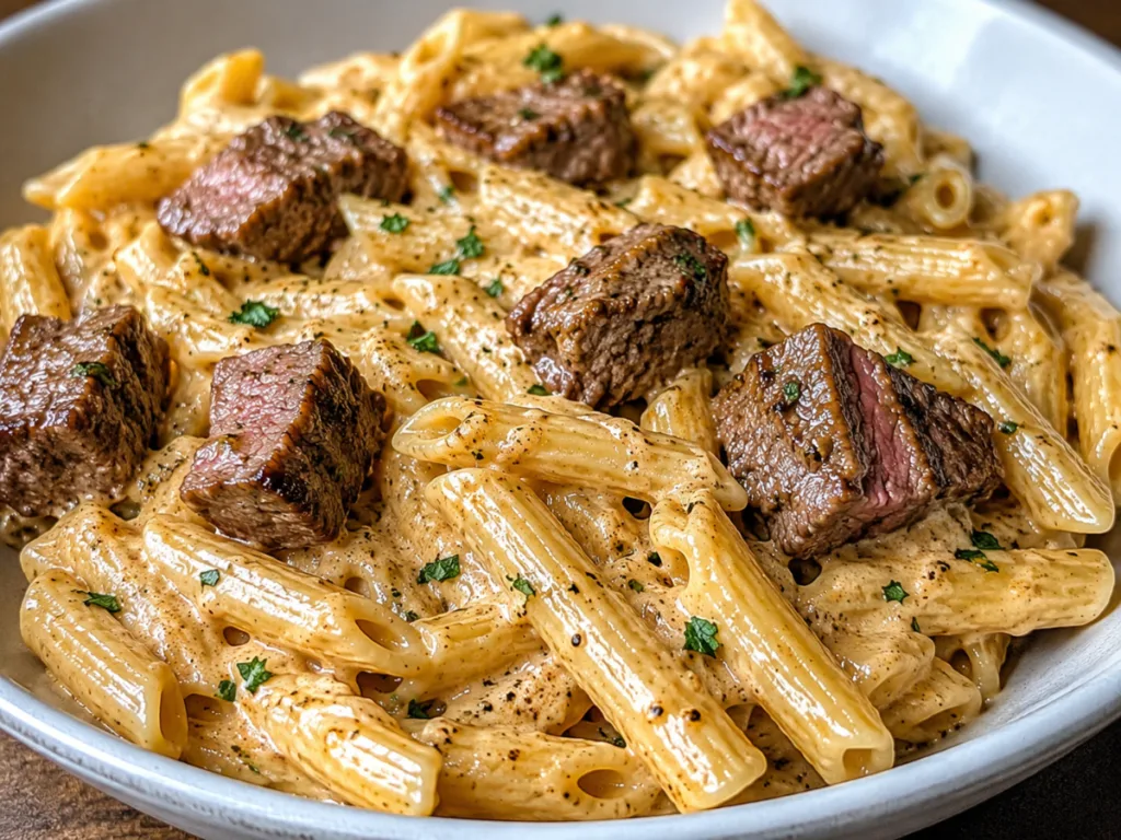 Creamy Cajun Ranch Penne with sirloin steak in a creamy sauce