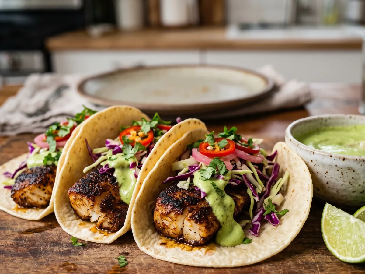 Crispy Blackened Fish Tacos with Creamy Avocado Sauce