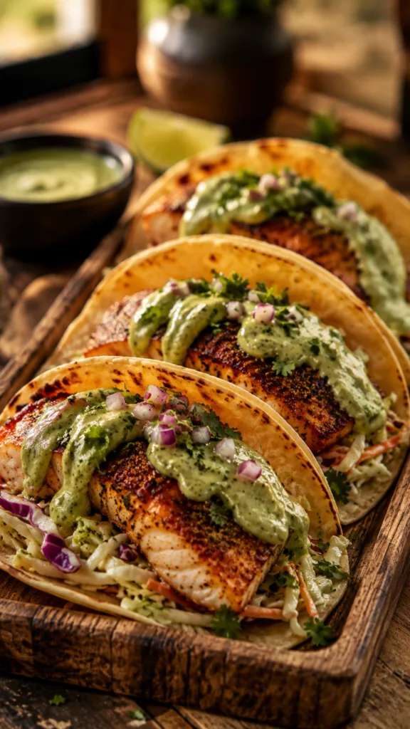 Crispy Blackened Fish Tacos :Crispy Blackened Fish Tacos with Creamy Avocado Sauce 2
