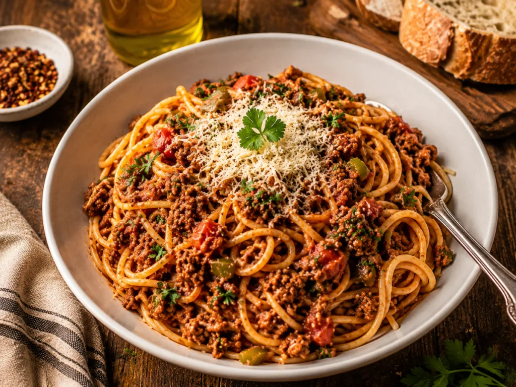 A hot skillet filled with Dirty Spaghetti featuring finely crumbled ground beef and green bell peppers.