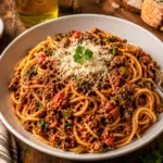 A hot skillet filled with Dirty Spaghetti featuring finely crumbled ground beef and green bell peppers.