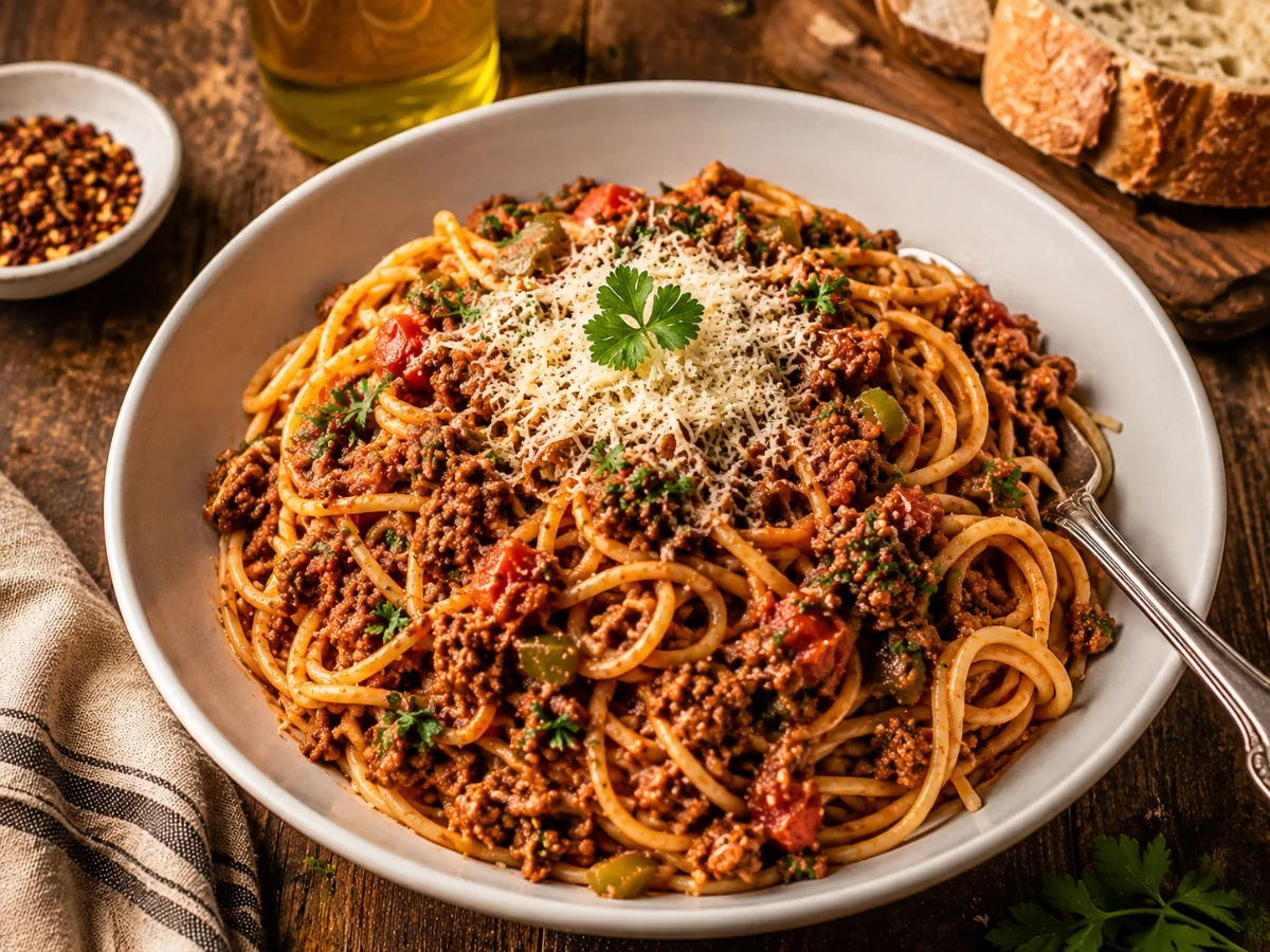 A hot skillet filled with Dirty Spaghetti featuring finely crumbled ground beef and green bell peppers.