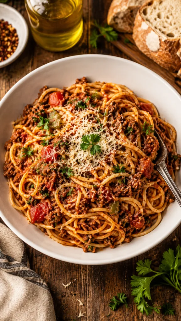 Twirling a fork into a steaming plate of Cajun seasoned Dirty Spaghetti.