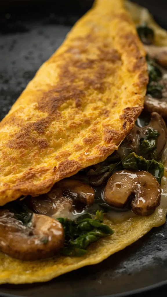 Healthy spinach mushroom cheese omelette close-up