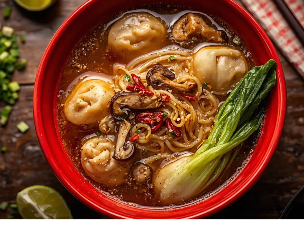 Steamy bowl of soup dumplings with noodles and green onions