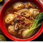 Steamy bowl of soup dumplings with noodles and green onions