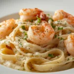 A close-up shot of Creamy Garlic Shrimp Alfredo Pasta with juicy seared shrimp and fresh parsley.