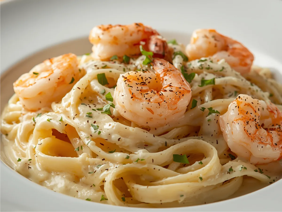 A close-up shot of Creamy Garlic Shrimp Alfredo Pasta with juicy seared shrimp and fresh parsley.
