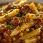 Creamy Steak Cheddar Alfredo Penne with Corn dinner