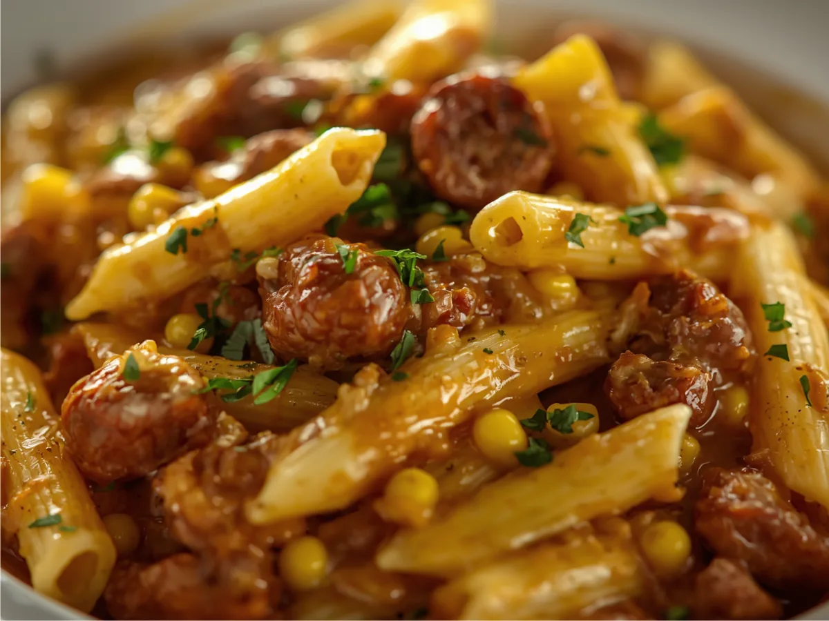 Creamy Steak Cheddar Alfredo Penne with Corn dinner