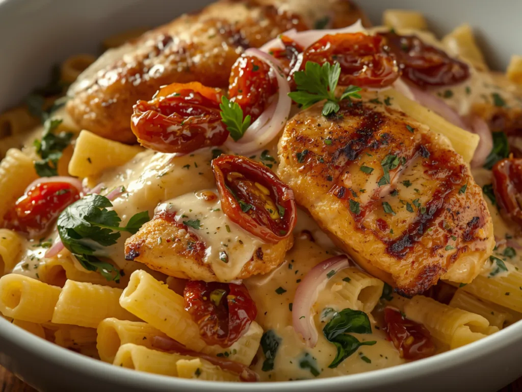 A close-up shot of Creamy Tuscan Chicken Rigatoni with golden chicken and spinach in a white bowl.