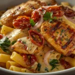 A close-up shot of Creamy Tuscan Chicken Rigatoni with golden chicken and spinach in a white bowl.