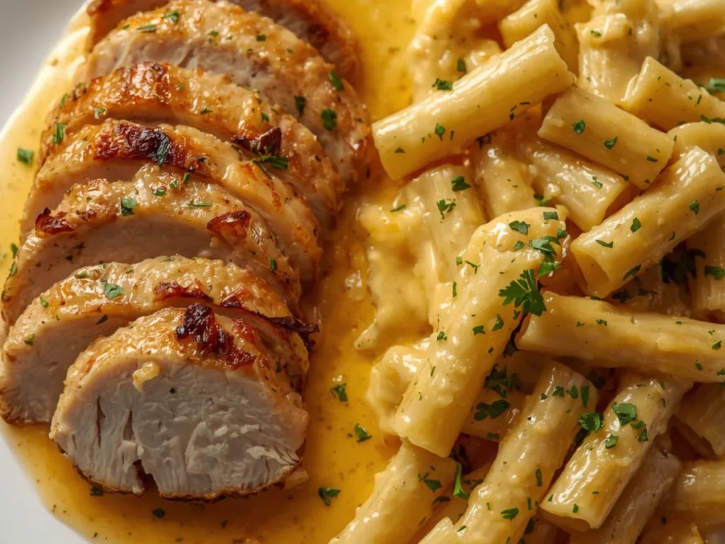 A close-up shot of creamy garlic butter chicken mixed with cheesy rigatoni pasta and fresh parsley.