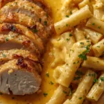 A close-up shot of creamy garlic butter chicken mixed with cheesy rigatoni pasta and fresh parsley.