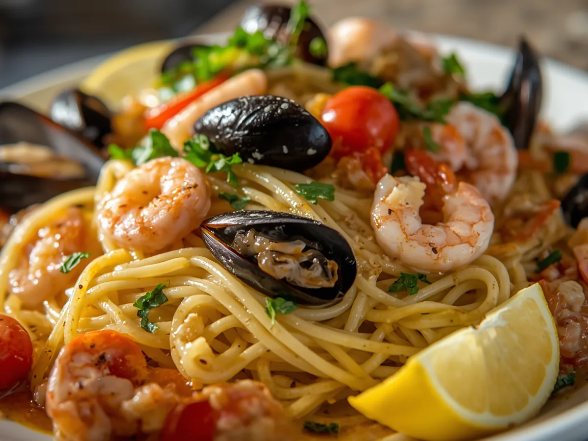 Close-up of Garlic Seafood Spaghetti with golden seared scallops and shrimp.