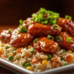 One-pan Sticky Honey Chicken Fried Rice served in a skillet with green onions and sesame seeds