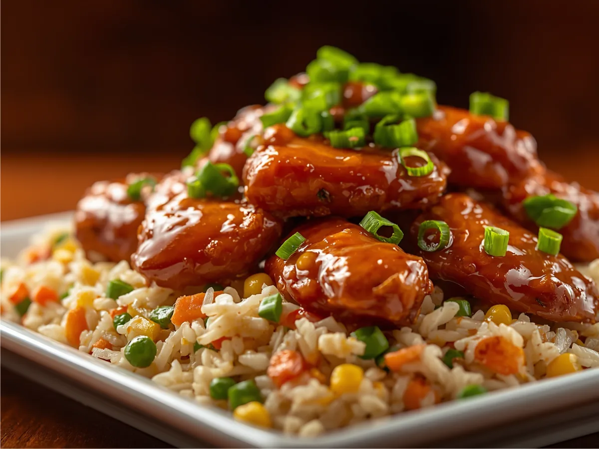 One-pan Sticky Honey Chicken Fried Rice served in a skillet with green onions and sesame seeds