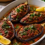 Two roasted eggplant halves glazed with deep red spicy harissa paste and garnished with fresh herbs on a baking sheet.