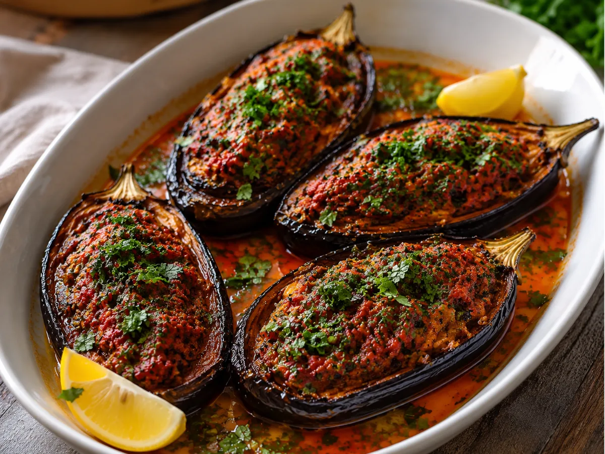 Two roasted eggplant halves glazed with deep red spicy harissa paste and garnished with fresh herbs on a baking sheet.