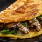 Homemade spinach mushroom cheese omelette skillet cooking