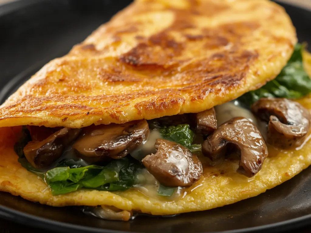 Spinach mushroom cheese omelette served hot on plate