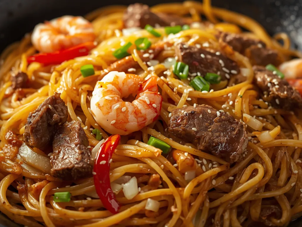 A close-up shot of Steak and Shrimp Lo Mein with broccoli and carrots in a black wok.
