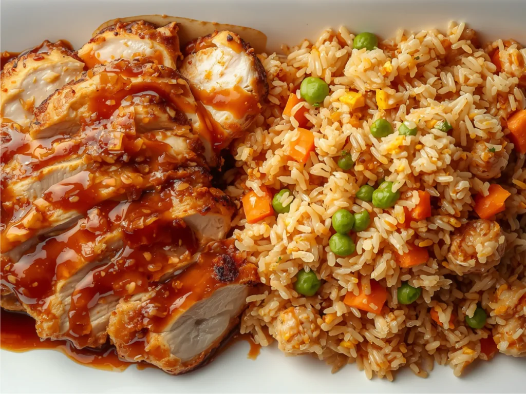 A hot carbon steel wok filled with steaming teriyaki chicken fried rice mixed with green peas, diced carrots, scrambled eggs, and sliced green onions.