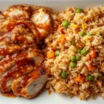 A hot carbon steel wok filled with steaming teriyaki chicken fried rice mixed with green peas, diced carrots, scrambled eggs, and sliced green onions.