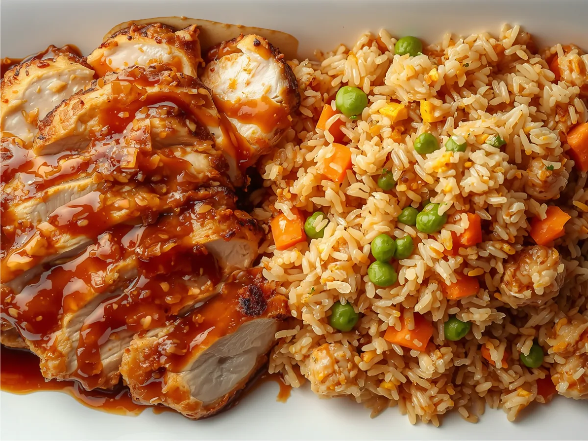 A hot carbon steel wok filled with steaming teriyaki chicken fried rice mixed with green peas, diced carrots, scrambled eggs, and sliced green onions.
