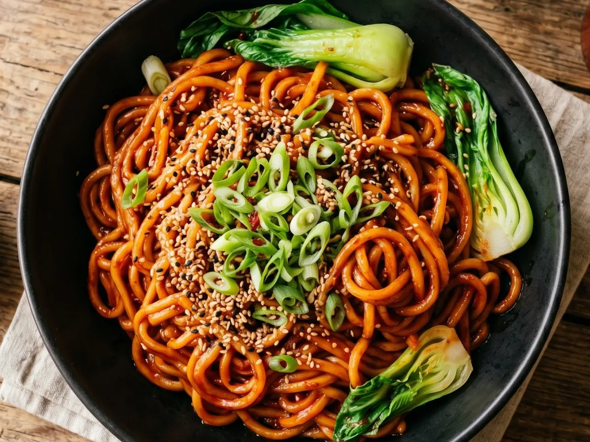 Close-up of glossy Gochujang Noodles in a black bowl with green onions.