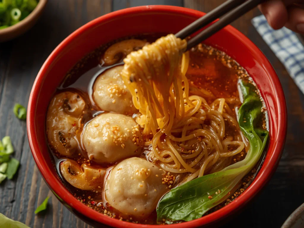 Close up of juicy xiao long bao on a bed of ramen noodles
