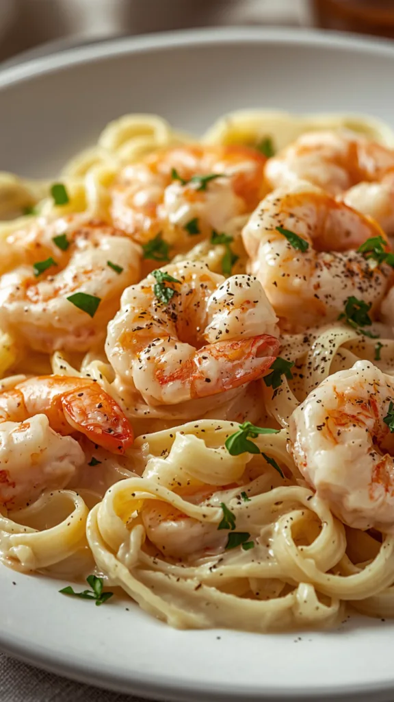 Twirling a fork into a rich plate of homemade shrimp alfredo recipe with fettuccine noodles.