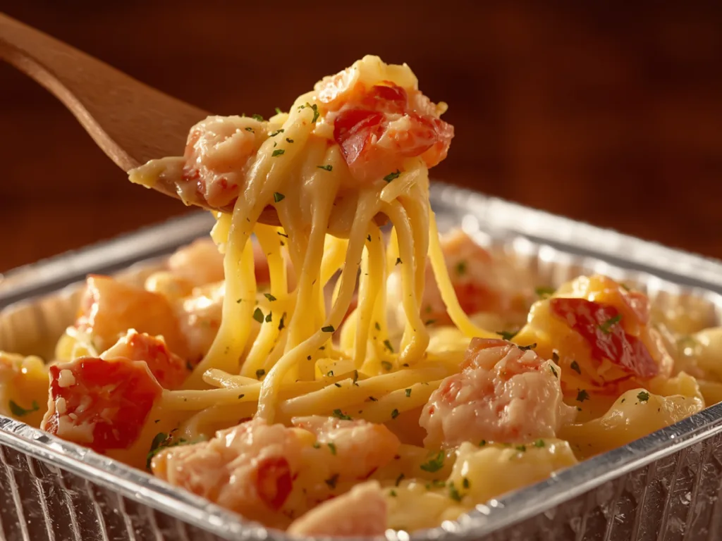 Overhead view of a skillet filled with Creamy Lobster Spaghetti Alfredo and lemon wedges.