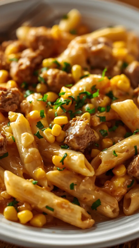 Creamy steak pasta with cheddar and corn