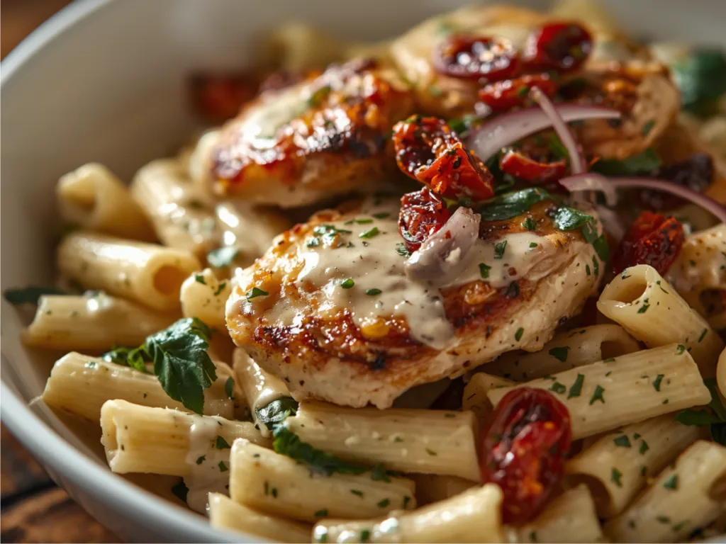 Top-down view of a skillet filled with Creamy Tuscan Chicken Rigatoni garnished with parsley.
