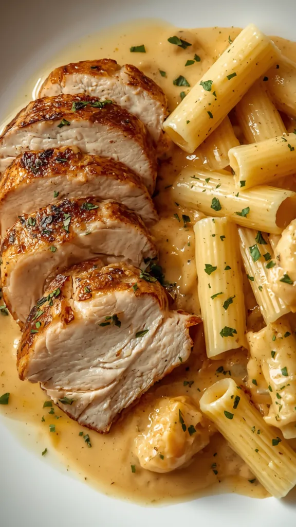 Golden brown chicken breast pieces served over cheesy rigatoni pasta.