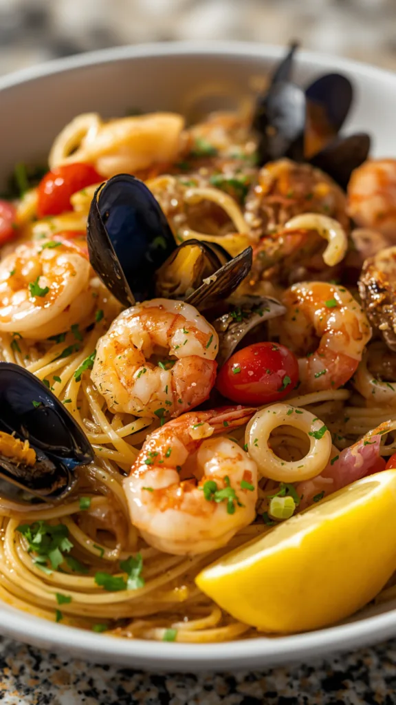 Overhead view of a large skillet filled with Garlic Seafood Spaghetti and lemon wedges.
