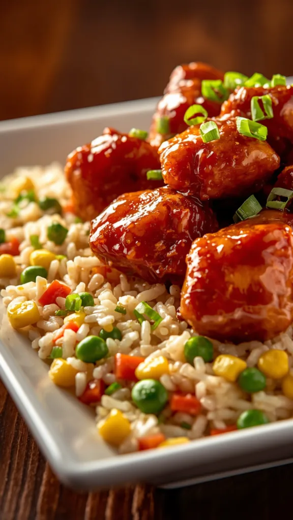 Sticky honey chicken fried rice with colorful vegetables in a skillet