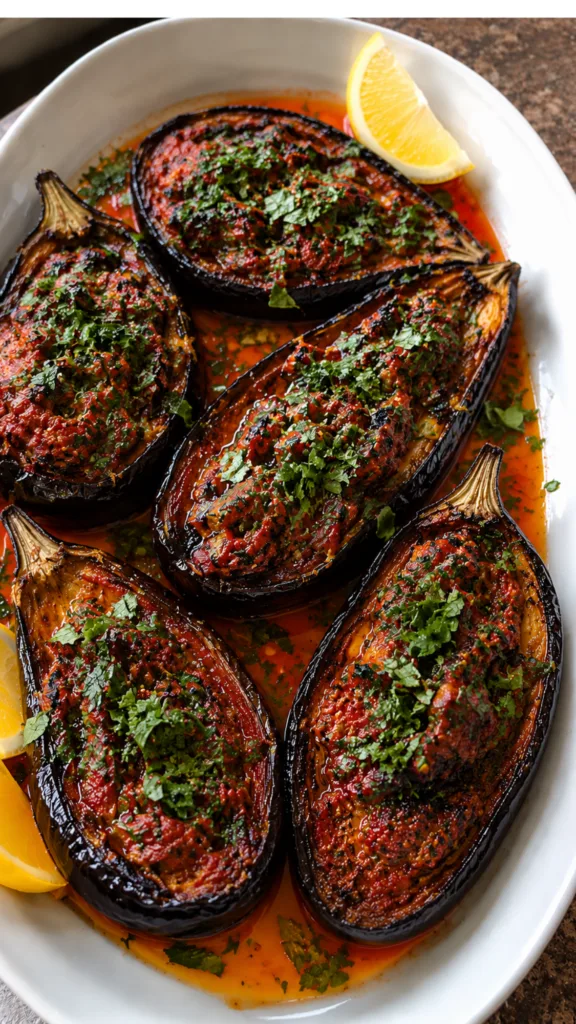 Close-up of spicy roasted harissa eggplant with caramelized edges, topped with a drizzle of tahini sauce.