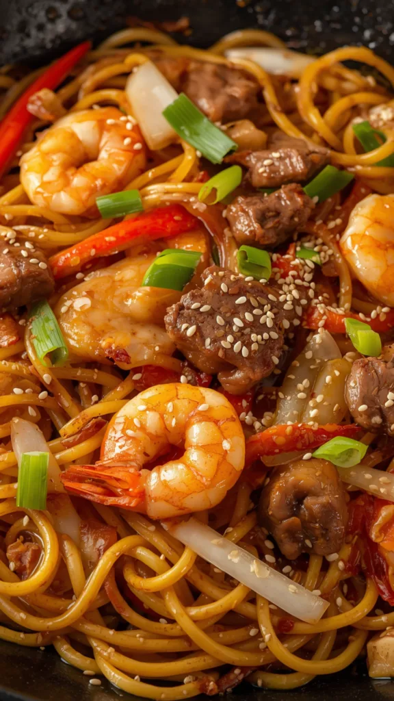 Savory beef and shrimp noodles being tossed with tongs in a skillet.