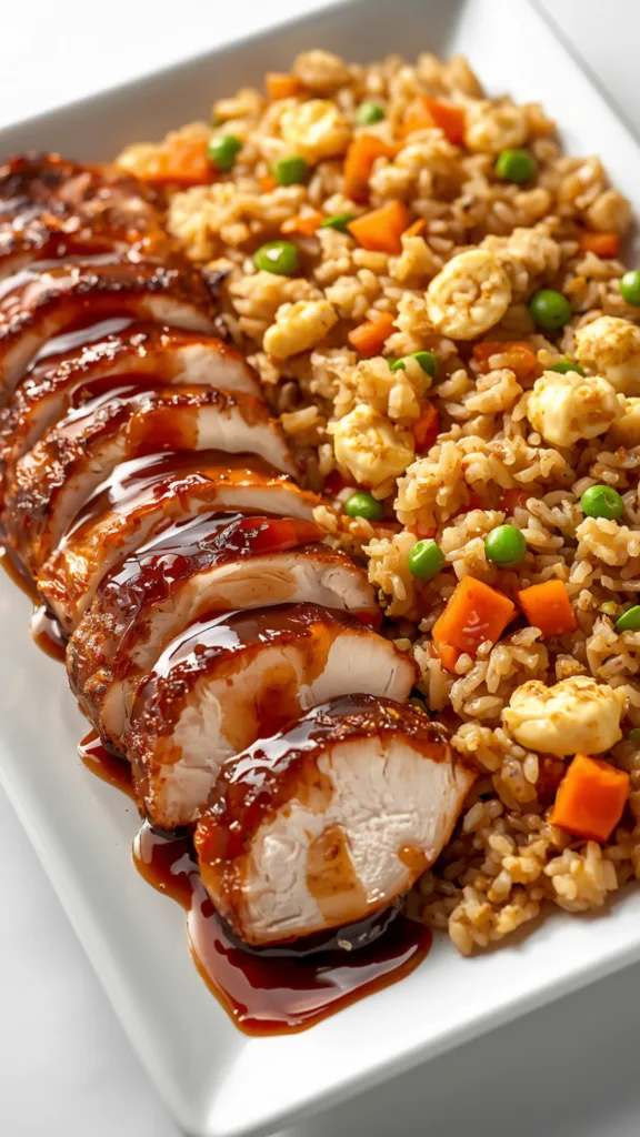 A white ceramic bowl packed with glistening teriyaki chicken fried rice garnished with toasted sesame seeds and chopped scallions next to a pair of wooden chopsticks.
